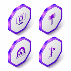 Set Isometric Horseshoe, Sledgehammer, Blacksmith oven and Metallic nails icon. Purple hexagon button. Vector