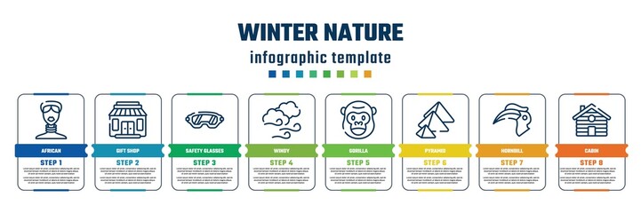 winter nature concept infographic design template. included african, gift shop, safety glasses, windy, gorilla, pyramid, hornbill, cabin icons and 8 steps or options.