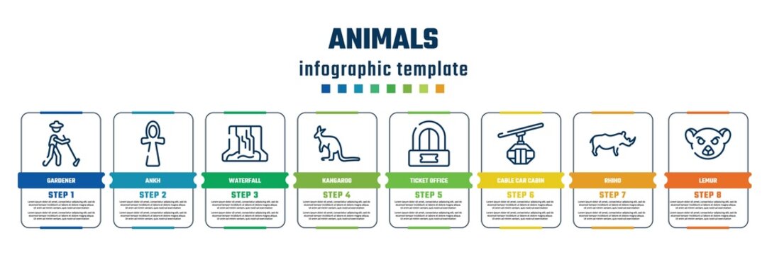 animals concept infographic design template. included gardener, ankh, waterfall, kangaroo, ticket office, cable car cabin, rhino, lemur icons and 8 steps or options.