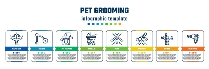 pet grooming concept infographic design template. included maple leaf, branch, pet shampoo, stroller, wasp, mosquito, bamboo, hair dryer icons and 8 steps or options.