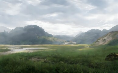 landscape with green grass and clouds