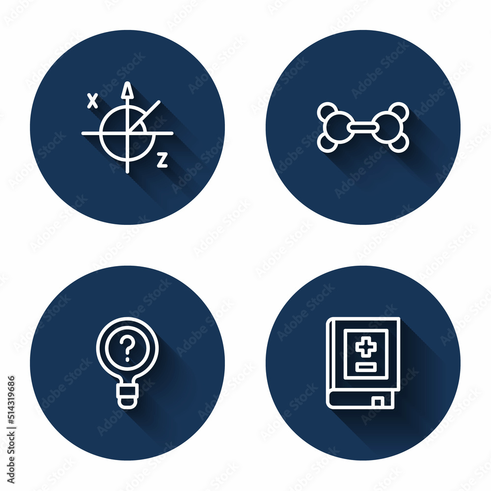 Poster set line trigonometric circle, molecule, unknown search and book with mathematics with long shadow. 