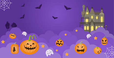 Pumpkin ghosts are running on the clouds. It comes out of a haunted house decorated with orange pumpkins, darkness, cemetery, ghosts, spiders, creepy monsters to celebrate the festival of Halloween.