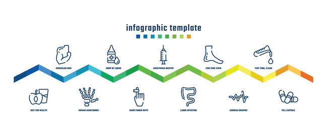 concept infographic design template. included muscular arm, diet for health, drop of liquid, human hand bones, anesthesia dentist injection diagonal, hand finger with a ribbon, foot side view,