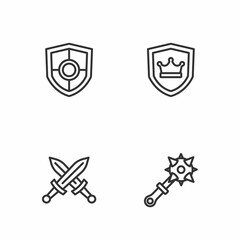 Set line Mace with spikes, Crossed medieval sword, Shield and crown icon. Vector