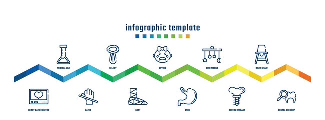 concept infographic design template. included medical lab, heart rate monitor, celery, latex, crying, cast, crib mobile, stoh, baby chair, dental checkup icons.