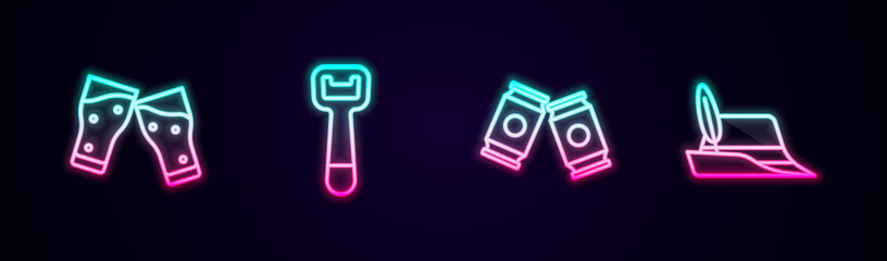 Set line Glass of beer, Bottle opener, Beer can and Oktoberfest hat. Glowing neon icon. Vector