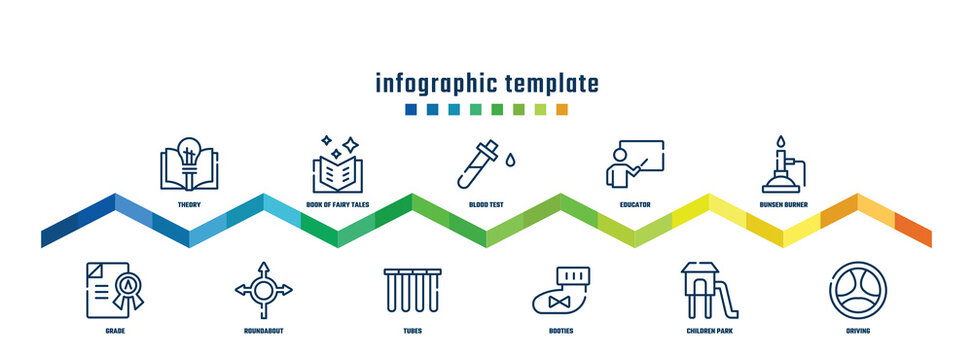 Concept Infographic Design Template. Included Theory, Grade, Book Of Fairy Tales, Roundabout, Blood Test, Tubes, Educator, Booties, Bunsen Burner, Driving Icons.