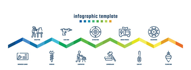 concept infographic design template. included sculptor, business cards, glue gun, screws, extractor, carpenter, green power, lumberjack, beadwork, plumb bob icons.