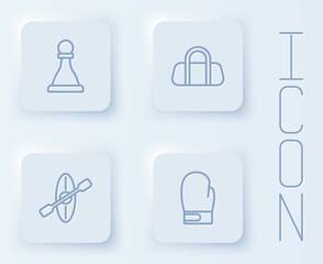 Set line Chess, Sport bag, Kayak and paddle and Boxing glove. White square button. Vector
