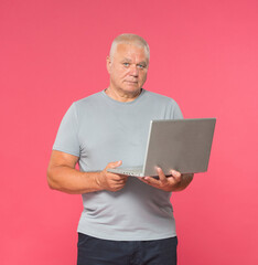 senior elderly man using laptop with different emotions studio photo isolated