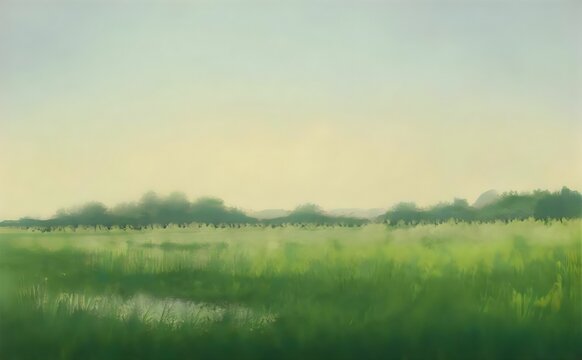 painting of a grassy field in the morning