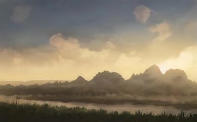 Fototapeta premium nature landscape in the morning with river, fog and clouds in the sky 