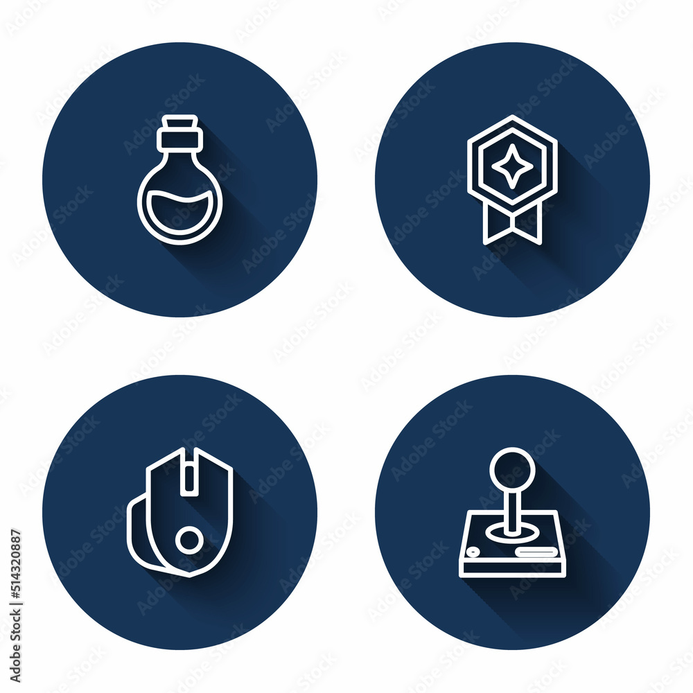 Poster set line bottle with magic elixir, game rating medal, computer mouse and joystick for arcade machine