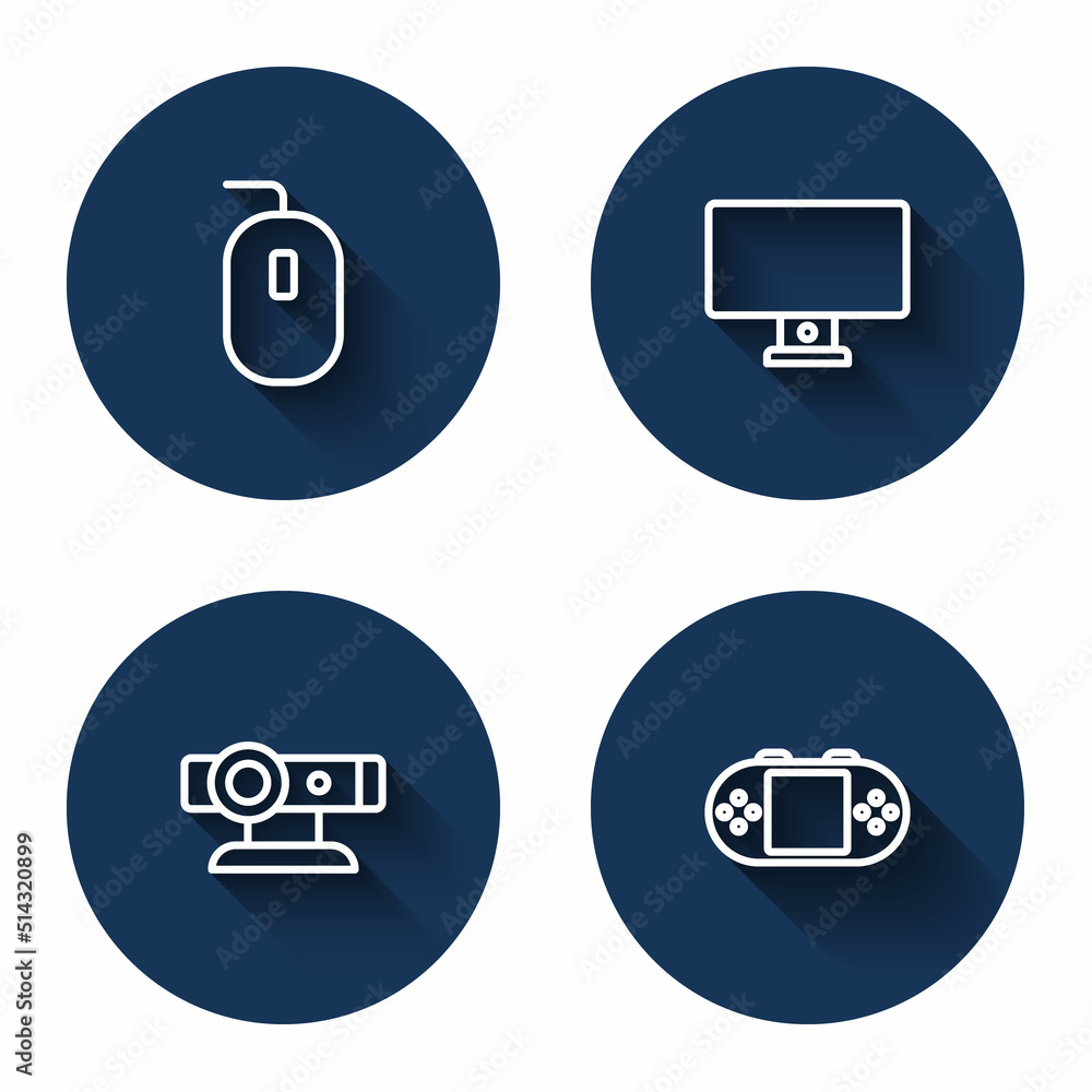 Poster set line computer mouse, monitor, web camera and portable video game console with long shadow. blue 