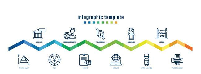 concept infographic design template. included bank rate, pyramid chart, personal security, yen, transfering, planing, old watch, intranet, abacus, paper shredder icons.