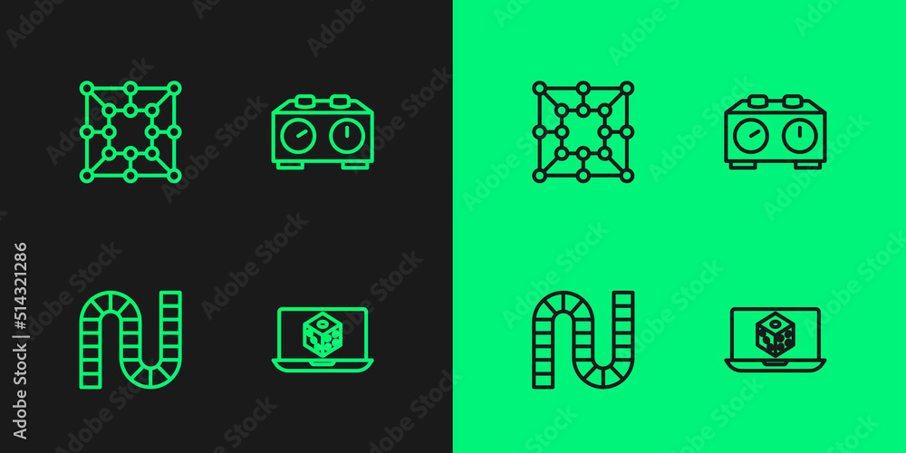 Poster set line game dice, board game, and time chess clock icon. vector