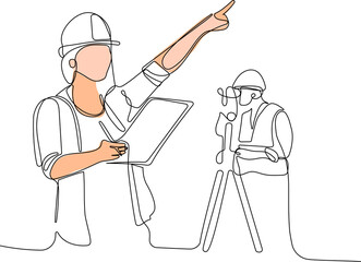 Close up of young Caucasian worker with helmet on head using tablet for work while standing in warehouse. Surveyor with a tripod icon. Geodesic tripod. Vector illustration