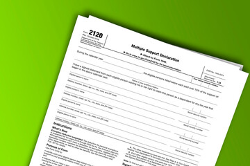 Form 2120 documentation published IRS USA 43383. American tax document on colored