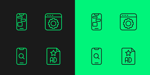 Set line Advertising, Magnifying glass and mobile, Mobile 24 hours support and Browser setting icon. Vector