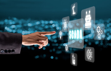 SCADA Supervisory control and data acquisition technology concept, Person hand pointing on SCADA icon on virtual screen.