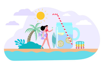Obraz na płótnie Canvas Flat illustration Woman vacationing on summer vacation, by the sea, with beach, fun and happy travel, refreshing.