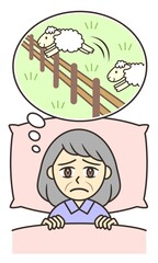 A sleepless woman imagining sheep jumping over a fence