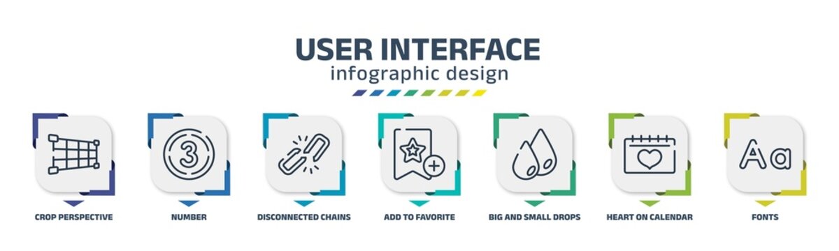 User Interface Infographic Design Template With Crop Perspective, Number, Disconnected Chains, Add To Favorite, Big And Small Drops, Heart On Calendar, Fonts Icons. Can Be Used For Web, Banner, Info