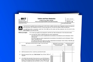 Fototapeta premium Form 8917 documentation published IRS USA 01.24.2020. American tax document on colored