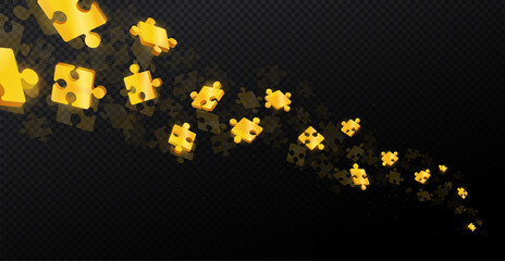 Falling gold puzzles. Pieces on black background, abstract style. Graphic elements for website. Metaphor of riddle or puzzle, teamwork. Creative processes, fantasy. Isometric vector illustration