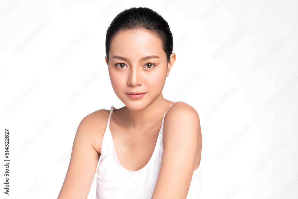 Wall mural beautiful young asian woman with clean fresh skin on white background, face care, facial treatment,  - Wall murals