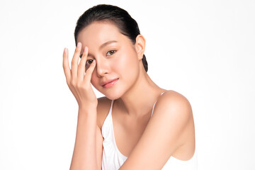 Beautiful young asian woman with clean fresh skin on white background, Face care, Facial treatment, Cosmetology, beauty and spa, Asian women portrait.