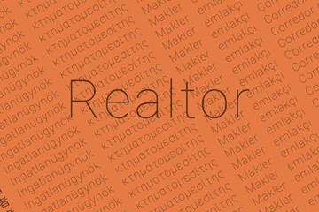 Word Realtor in languages of world. Logo Realtor on Moderate orange color