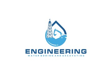 Water boring logo design excavator machine tower pump drip water logo shape engineering industry company