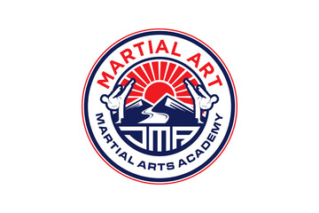 Martial art logo badge style ap chagi dollyo chagi mountain and sunset element rounded shape © 21graphic
