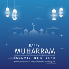 Simple Happy Muharram Islamic New Year greetings with Blue background