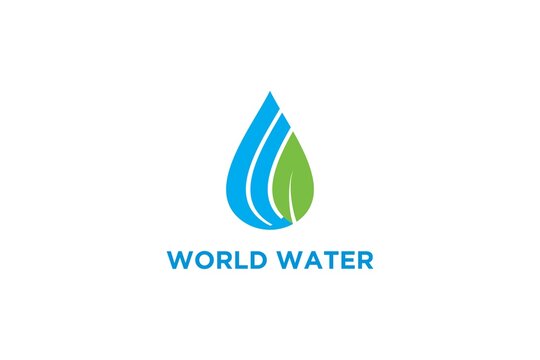 World water logo design blue water and green leaf element, drip water shape modern simple minimalist
