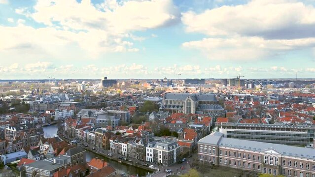 Aerial shot of the historical city centre of Leiden, the Netherlands, on a beautiful summer day