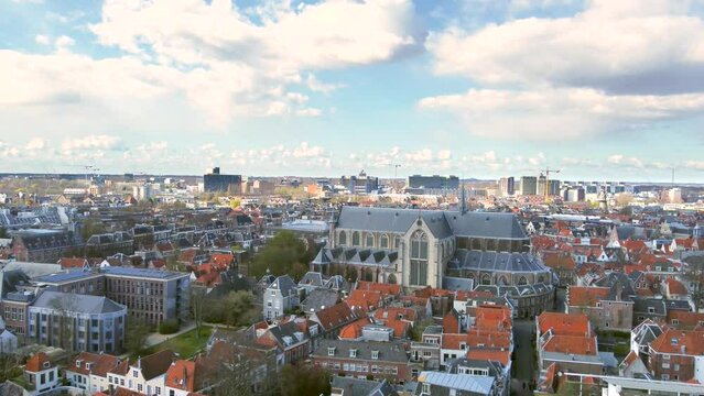 Aerial shot of the historical city centre of Leiden, the Netherlands, with the Pieterskerk, Rapenburg canal and Faculty of Law of Leiden University