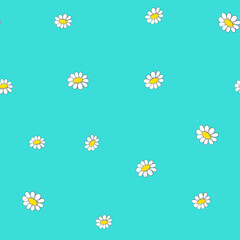 Seamless floral pattern based on traditional folk art ornaments. Colorful chamomile, daisy flowers on color background. Doodle style. Vector illustration. Simple minimalistic pattern