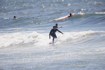 湘南の海でサーフィンをする男性