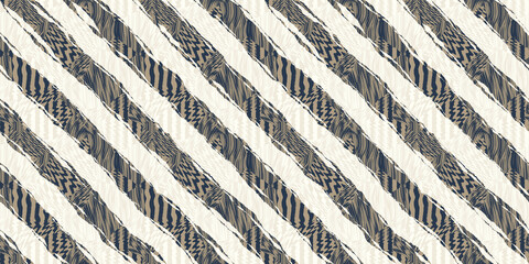 Seamless abstract african safari zebra and tiger stripes kintsugi background pattern. Contemporary geometric tribal diagonal stripe motif ripped fabric collage in navy, beige, brown, and white..