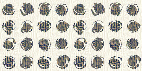 Seamless abstract african safari zebra and tiger stripes kintsugi background pattern. Contemporary geometric tribal polka dot circle motif ripped fabric collage in navy, beige, brown, and white.. - obrazy, fototapety, plakaty