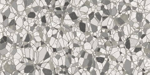 Seamless grey and white broken marble mosaic tiles background texture. Luxury cracked ceramic cottagecore cobblestone path, wall, floor or wallpaper tileable pattern. High resolution 3D rendering..