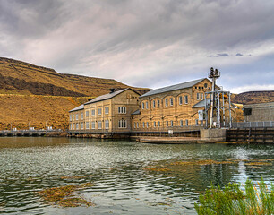 Swan Falls Dam, concrete gravity type hydroelectric dam on the Snake River,  Near Murphy, Idaho....