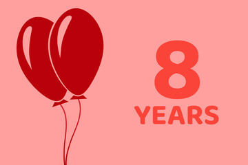 8 years logo. Illustration for celebration anniversary. Concept 8 Birthday. eight years. Balls on pink background. Inscription 8 symbolizes birthday celebrations. eight anniversary