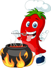Cute pepper chef mascot cooks chili