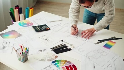 Architect designer workplace top view. Professional engineer drawing, interior creator working with house project, blueprint plan, drafting building.