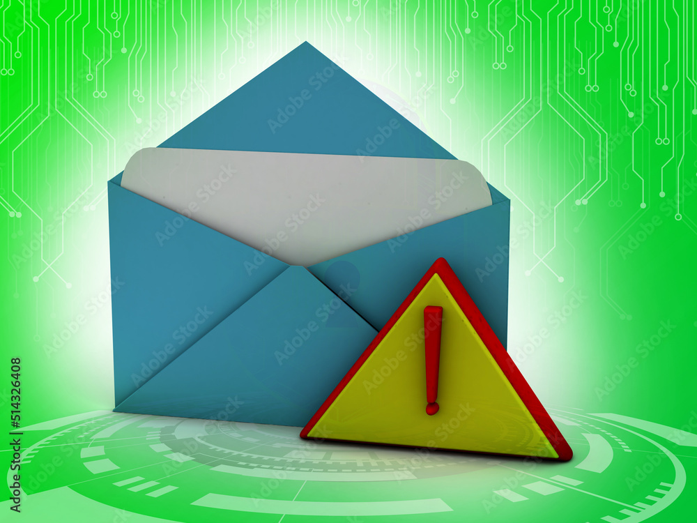 Poster alert email message concept exclamation mark in envelope isolated , 3d rendering