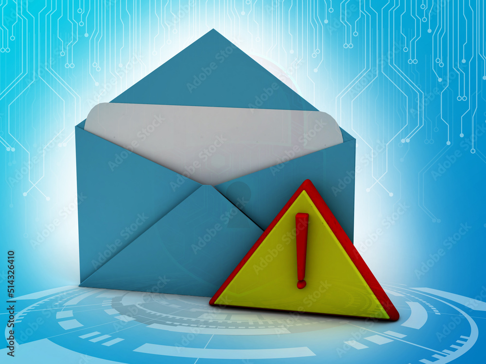 Poster alert email message concept exclamation mark in envelope isolated , 3d rendering